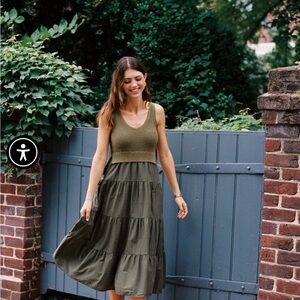 GEORGIE Olive Green Knit Bodice Tiered Maxi Dress XS